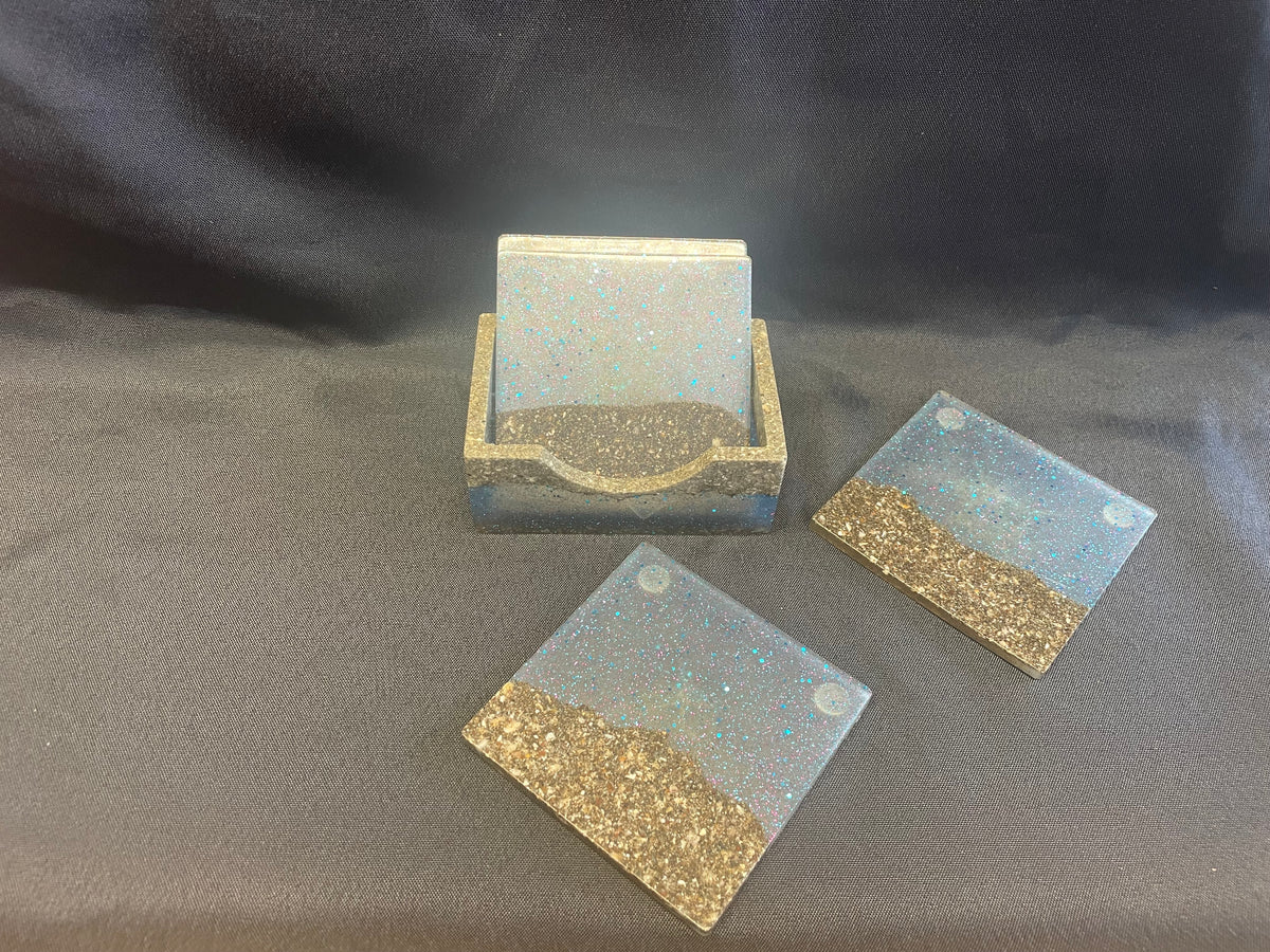 Coaster Set - Resin - Beach Sand With Water (set of 4 with holder)